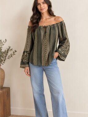 Hale Bob off the Shoulder Olive Green Embroidered Peasant Blouse